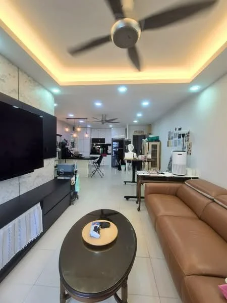 Living features: brown leather sofa, coffee table, wall-mounted TV, black TV console, recessed LED downlights, ceiling fan, white walls, tile flooring, decorative wall paneling, open layout to kitchen, area rug; style: modern.