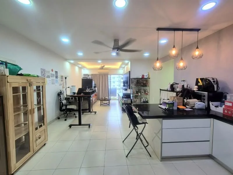 Kitchen features: black countertop, white cabinetry, stainless-steel appliances, refrigerator, built-in coffee machine, pendant lighting, 5-blade ceiling fan, tile flooring, open layout, bar stools, glass display cabinet; style: modern. Living features: office desk, computer chair, sitting area, light-colored curtains, wall-mounted shelves; style: modern.