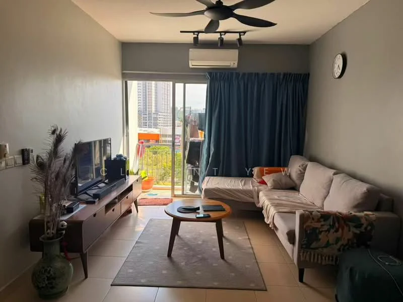 Living features: 3-seater fabric sofa in light grey, coffee table, wall-mounted TV, TV console, area rug, floor-to-ceiling windows, sliding glass door, curtains, ceiling fan, wall clock, air conditioning unit, decorative vase, decorative throw pillows; style: modern; view: city.