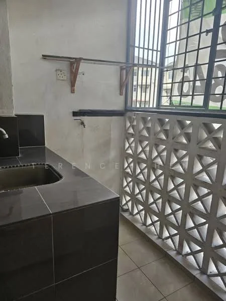 Kitchen features: single-bowl stainless-steel sink, chrome pull-down faucet, black granite countertop, grey ceramic tile backsplash, white painted walls, floor-to-ceiling windows, open shelving, tile flooring; style: modern.