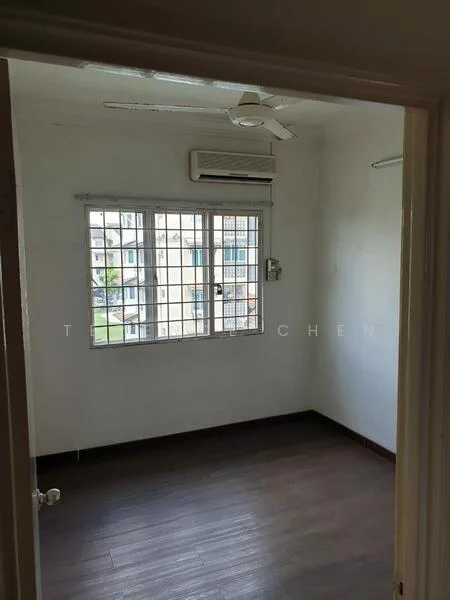 Room features: white painted walls, wooden flooring, 1 wall-mounted split AC, ceiling fan, window with grille, curtains, built-in wardrobe, view of garden; view: garden.