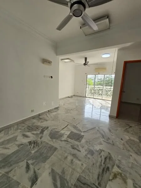 Living features: marble flooring, white painted walls, 5-blade ceiling fan, recessed downlights, sliding glass door, floor-to-ceiling windows, natural light from windows, open layout; style: modern; view: garden.
