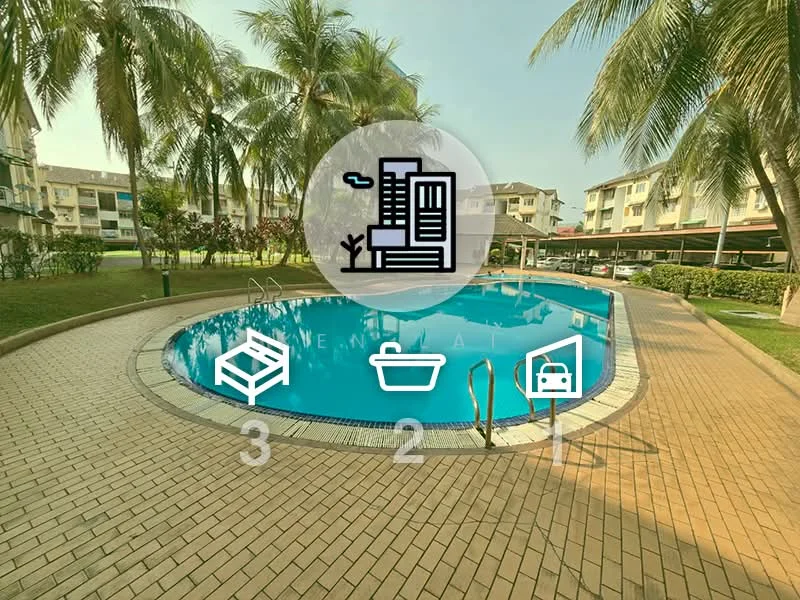 Exterior type: swimming pool deck; features: infinity pool, surrounded by palm trees, paved walkway, landscaped garden, poolside loungers, covered parking area, residential buildings in background; style: modern.