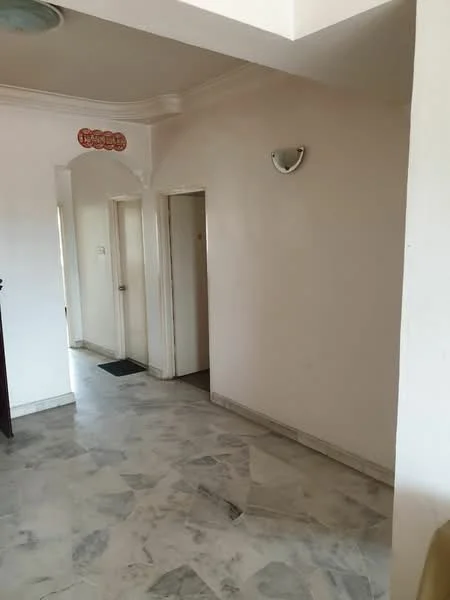 Room features: white painted walls, marble flooring, arched doorway, ceiling light fixture, doorway leading to another room, doorway leading to hallway, mat at entrance.
