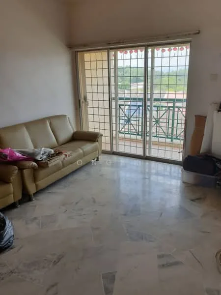 Living features: marble flooring, cream painted walls, sliding glass door, floor-to-ceiling windows, sofa in beige, decorative cushions, curtains, balcony view; view: garden.