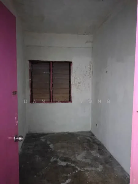 Room features: pink door, wooden window with horizontal slats, bare concrete walls, concrete flooring, no visible lighting fixtures; style: minimalist.