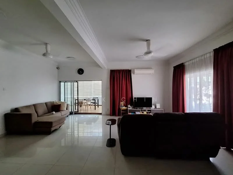Living features: cream painted walls, white ceiling with crown moulding, marble tile flooring, 2-seater leather sofa in dark brown, 3-seater fabric sofa in beige, coffee table, wall-mounted TV, ceiling fan with light, sliding glass door, floor-to-ceiling windows with sheer curtains, dark red curtains, decorative wall clock; style: modern; view: garden.