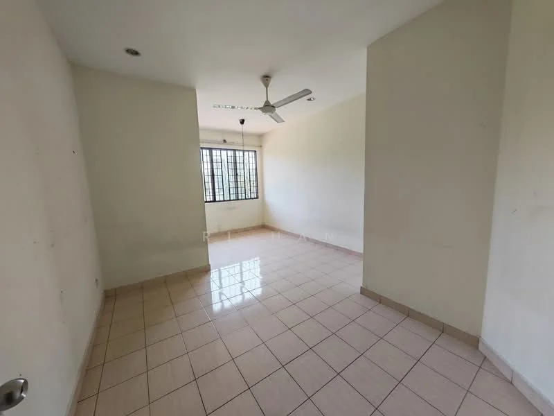 Room features: white painted walls, glossy tile flooring, ceiling fan, large window, natural light, neutral color scheme.