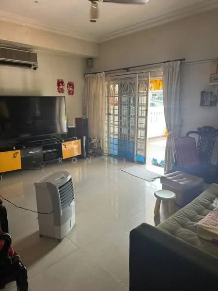 Living features: cream painted walls, glossy tile flooring, 5-blade ceiling fan, wall-mounted air conditioning unit, large flat-screen TV, black TV console, yellow storage cabinets, wooden armchair, sofa with green upholstery, coffee table, sliding glass door, sheer curtains, decorative wall art, portable air cooler; style: modern.