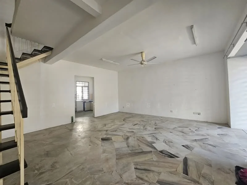 Living features: white painted walls, exposed ceiling, 5-blade ceiling fan, large windows, polished stone flooring, open layout, staircase leading to upper level, natural light from windows; style: minimalist.
