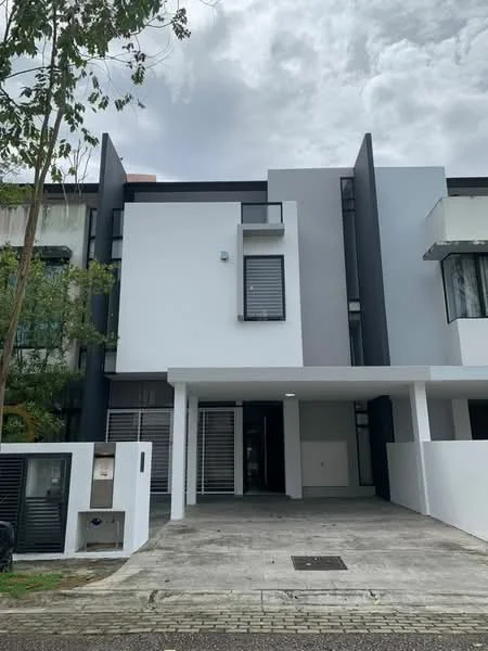Exterior type: linked terrace house; features: white painted facade, grey accent wall, flat roof, two-storey structure, manicured landscaping, paved driveway, front porch, large windows, security mailbox, modern architectural design; style: modern.