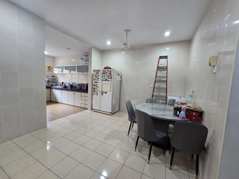 Kitchen features: white tiled walls, cream tiled flooring, ceiling fan, recessed LED downlights, kitchen cabinets with glass fronts, stainless-steel fridge, round dining table, upholstered dining chairs, open layout to dining area, ladder against wall, shelving unit, kitchen appliances visible; style: modern.
