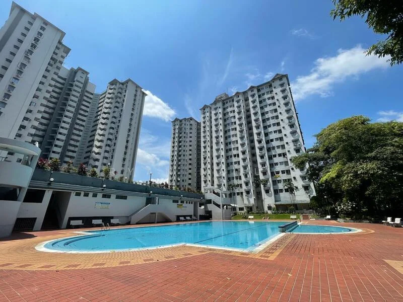 Exterior type: high-rise condominium; features: swimming pool, pool deck with loungers, manicured lawn, surrounded by greenery, multiple high-rise buildings, brick-paved walkway, landscaped garden; style: modern.