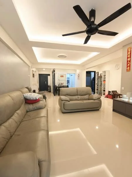 Living features: 2-seater leather sofa in light grey, 3-seater leather sofa in light grey, ceiling fan with 5 blades, recessed LED downlights, cream painted walls, glossy tile flooring, built-in shelving unit, decorative wall art, open layout to dining area, neutral color palette; style: modern.