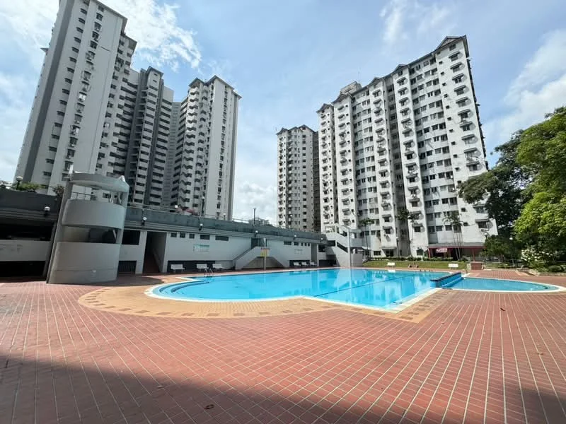 Exterior type: high-rise condominium; features: swimming pool, pool deck with loungers, surrounding greenery, multiple high-rise buildings, brick-paved walkway, covered parking area, landscaped garden; style: modern.
