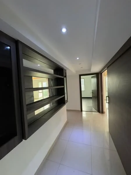 Room features: white painted walls, recessed downlights, glossy tile flooring, built-in shelving unit, doorway leading to another room, window with natural light, neutral color scheme, smooth ceiling; style: modern.