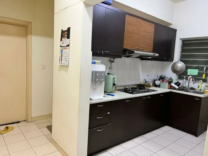 Kitchen features: brown wooden cabinetry, white countertop, stainless-steel gas hob, stainless-steel range hood, built-in sink, kitchen faucet, wall-mounted water dispenser, tile backsplash, white tiled flooring, refrigerator, kitchen utensils on countertop, calendar on wall; style: modern. Room features: cream painted walls, doorway to adjacent room.