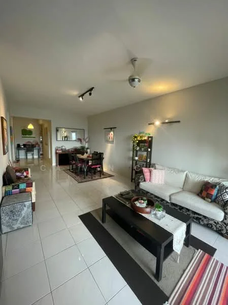 Living features: white painted walls, glossy tile flooring, 5-blade ceiling fan with light, sofa with patterned upholstery, coffee table, area rug with geometric pattern, decorative wall shelves, wall-mounted lighting, decorative plants, dining table with chairs in background, open layout to kitchen, artwork on walls; style: modern.