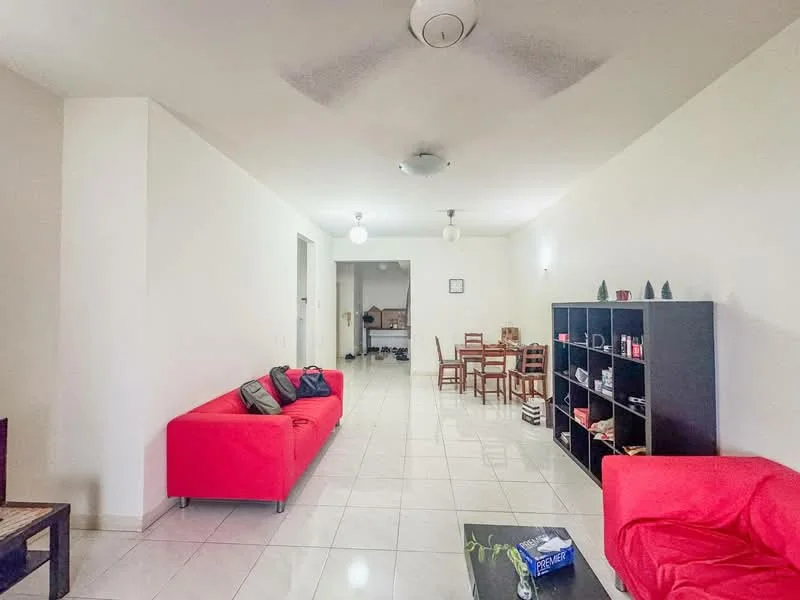 Living features: red fabric sofa, white walls, glossy white tile flooring, ceiling fan with light, two pendant lights, black bookshelf, dining table with chairs, decorative items on shelves; style: modern.
