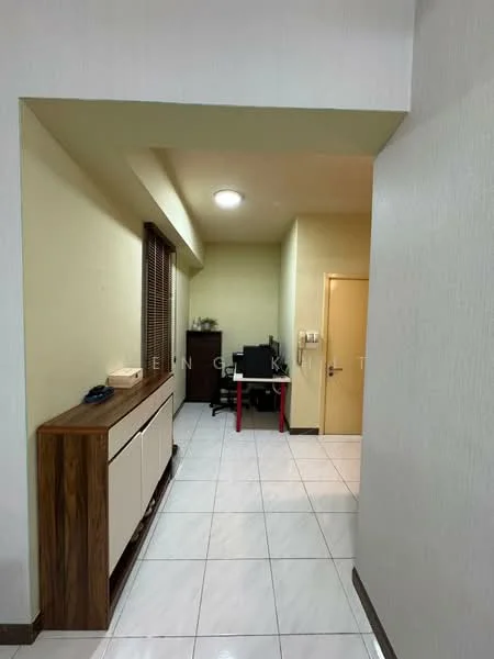 Room features: cream painted walls, white tiled flooring, recessed ceiling lights, wooden console cabinet, computer desk, window with blinds, door leading to another room, wall-mounted electrical outlets; style: modern.