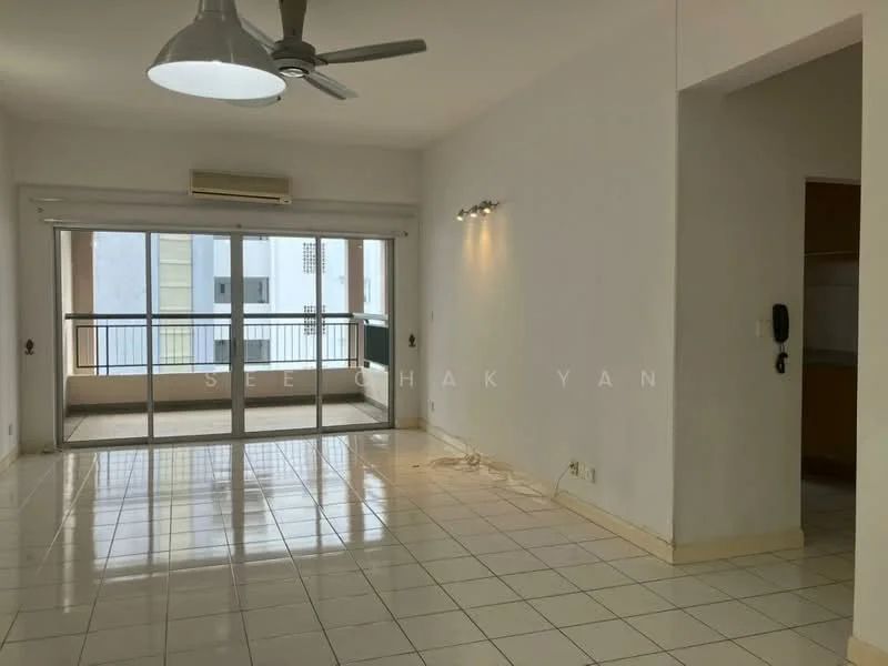 Living features: white painted walls, tile flooring, 5-blade ceiling fan with light, sliding glass door, floor-to-ceiling windows, balcony view, wall-mounted intercom, recessed wall lighting; style: modern.