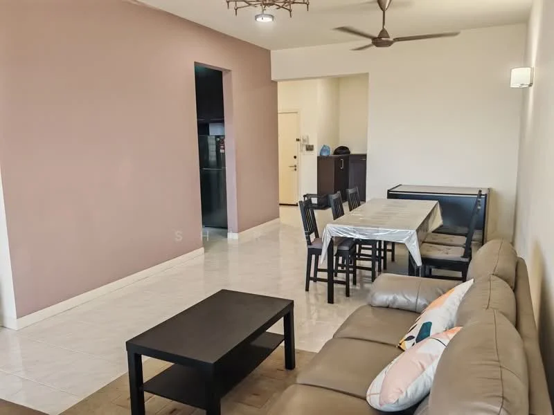 Living features: 3-seater leather sofa in beige, coffee table, dining table for 6 with black chairs, pendant light, ceiling fan, white walls, cream tiled flooring, wall-mounted light fixture; style: modern. Room features: open layout, kitchen area visible in background.