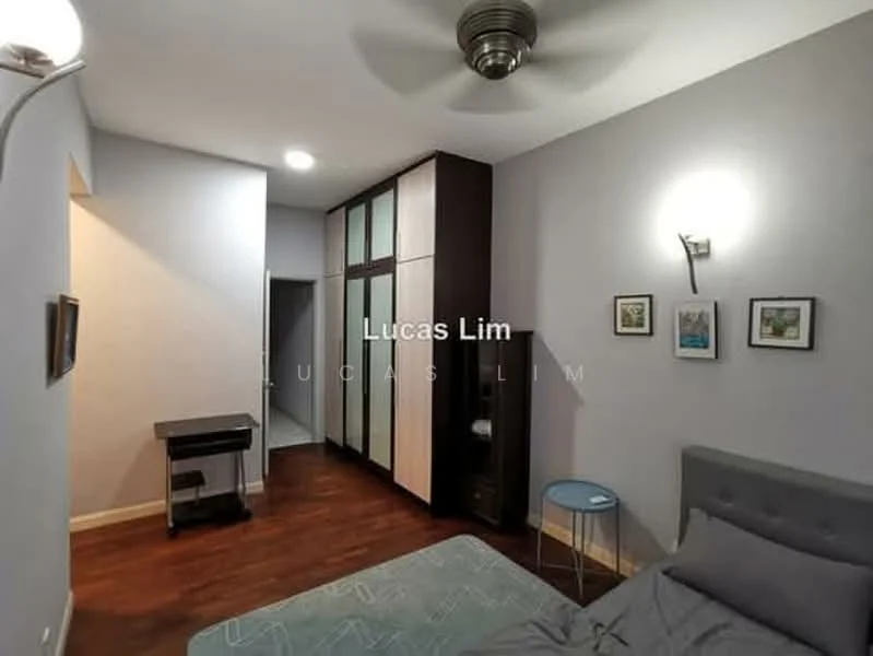 Bedroom features: grey upholstered bed, wooden flooring, light grey painted walls, 5-blade ceiling fan with light, built-in wardrobe with sliding doors, small side table, framed artwork on walls, desk with chair; style: modern.