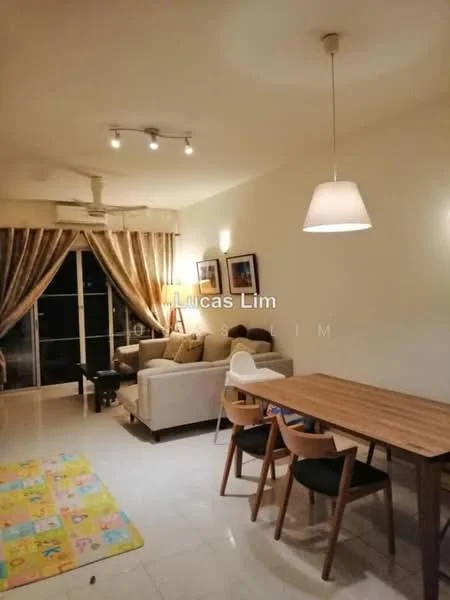 Living features: cream painted walls, white ceiling, recessed downlights, 5-blade ceiling fan, floor-to-ceiling windows, curtains with gold accents, light-colored sofa, wooden dining table, 4 dining chairs, colorful area rug, decorative wall art; style: modern; view: city.