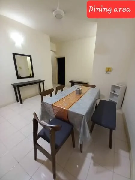 Dining features: rectangular dining table with tablecloth, 4 wooden dining chairs, bench seating, wall-mounted mirror, console table against the wall, white painted walls, ceiling fan, tile flooring, decorative centerpiece on table; style: minimalist.