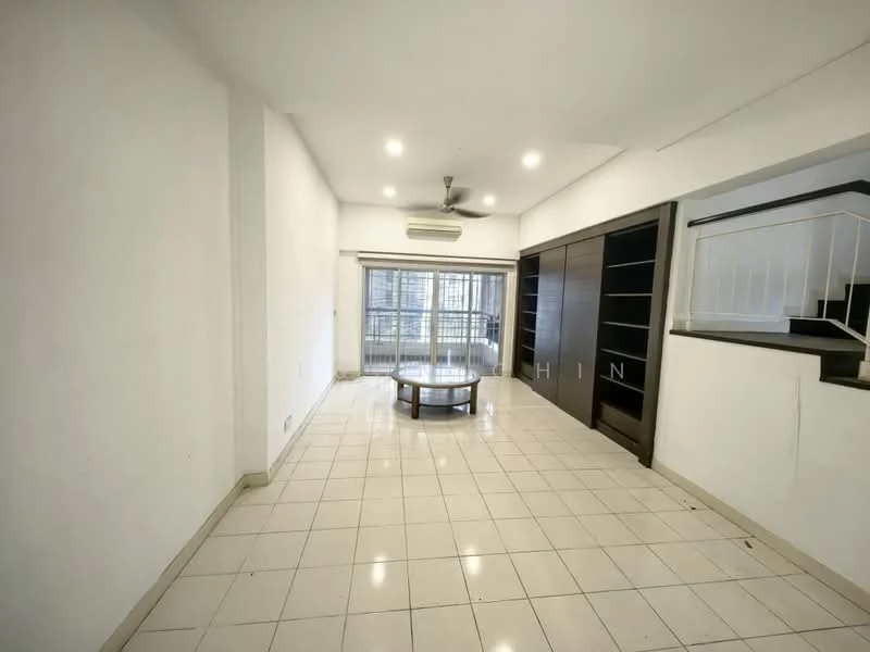 Living features: white painted walls, tile flooring, 5-blade ceiling fan with light, recessed downlights, large sliding glass door, built-in shelves, coffee table, open layout; style: modern.