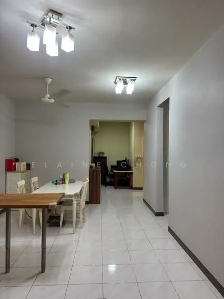 Dining features: white painted walls, glossy white tile flooring, 5-blade ceiling fan, recessed LED downlights, wooden dining table, 4 white dining chairs, open layout, doorway leading to another room; style: modern. Room features: white painted walls, glossy white tile flooring, recessed LED downlights.