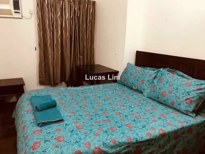Bedroom features: king-size bed with floral bedding, wooden headboard, two bedside tables, blue towels on bed, curtains on window, air conditioning unit, wooden flooring, wall-mounted light fixture.