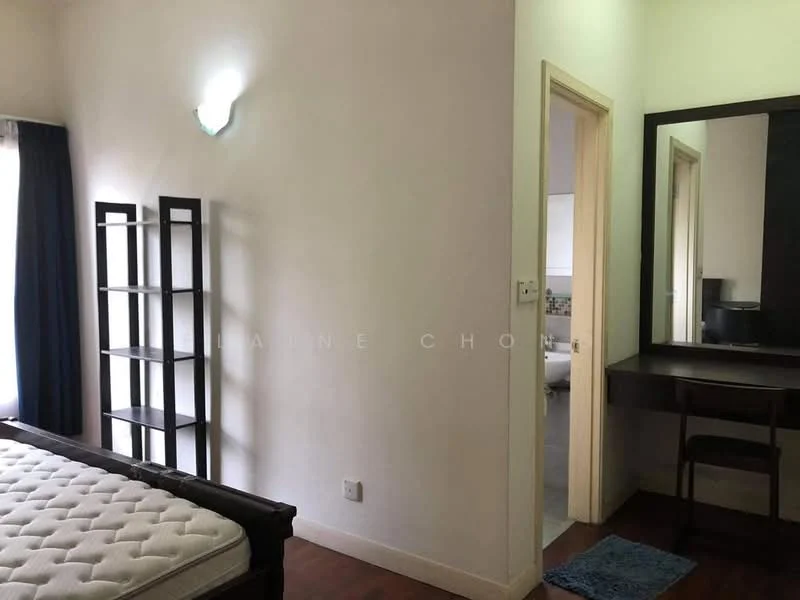 Bedroom features: wooden flooring, white painted walls, black bookshelf, wall-mounted light fixture, window with sheer curtains, dressing table with mirror, black chair, queen-size bed frame without mattress.