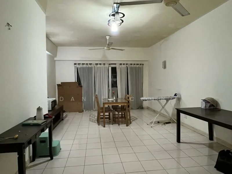 Living features: white painted walls, tiled flooring, ceiling fan, dining table with four chairs, ironing board, two dark wooden side tables, floor-to-ceiling windows with sheer curtains, kitchenette area with microwave, wall-mounted air conditioning unit.