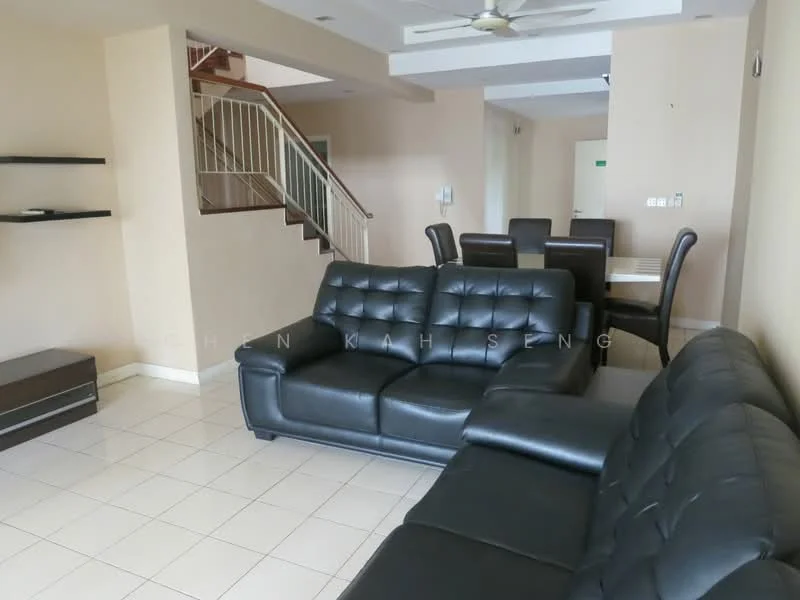 Living features: black leather sectional sofa, coffee table, wall-mounted TV console, white tiled flooring, ceiling fan, dining table with chairs, staircase in background, neutral painted walls; style: modern.