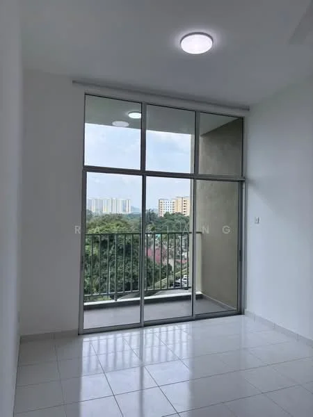 Room features: white painted walls, glossy tile flooring, floor-to-ceiling windows, sliding glass door, balcony with railing, recessed ceiling lights, view of city skyline, natural light from windows; style: modern; view: city.
