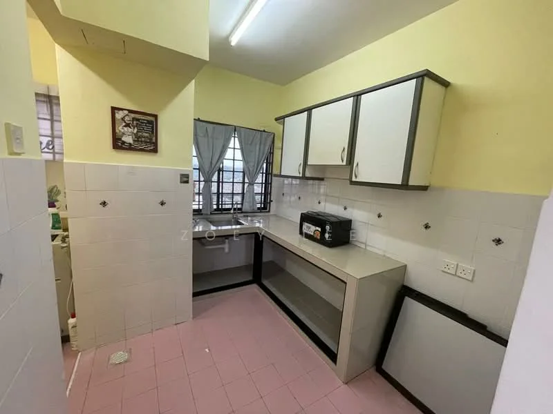 Kitchen features: yellow painted walls, white tiled backsplash, grey cabinetry with black trim, laminate countertop, single-bowl stainless-steel sink, chrome faucet, built-in microwave, open shelving, tile flooring in pink, window with sheer curtains, recessed ceiling lights.