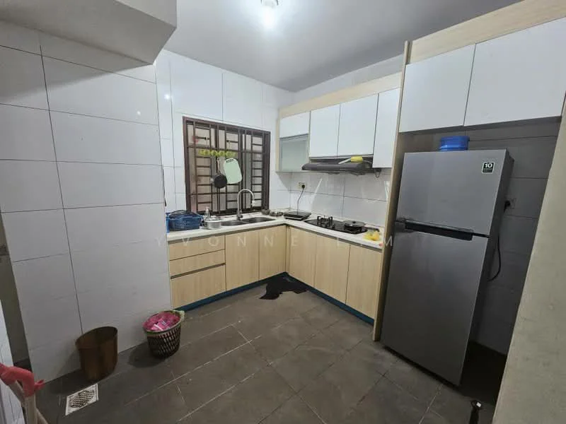 Kitchen features: white tiled walls, grey floor tiles, laminate cabinetry in light wood, stainless-steel fridge, built-in oven, sink with faucet, countertop space, window with security bars, kitchen utensils on countertop, waste bin; style: modern.