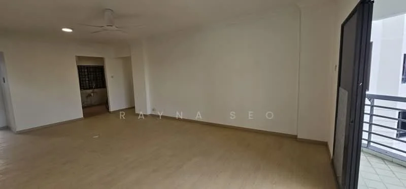 Living features: light wood laminate flooring, white painted walls, ceiling fan, large sliding glass door, balcony access, recessed ceiling lights; style: modern. Room features: white painted walls, doorway leading to another room.