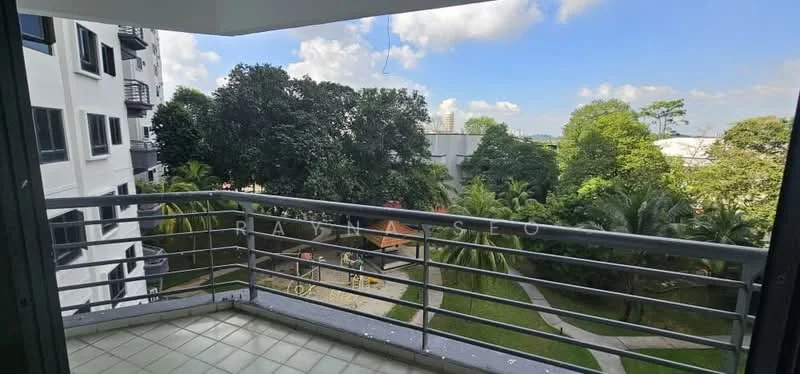 Room features: balcony, metal railing, tiled flooring, view of garden, view of trees, view of playground, overhead clouds, sunlight; view: garden.