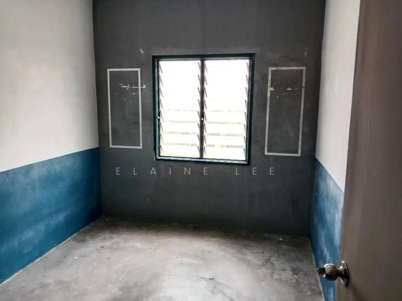 Room features: grey painted walls, blue painted lower wall, concrete flooring, window with horizontal slats, door with doorknob; style: minimalist.