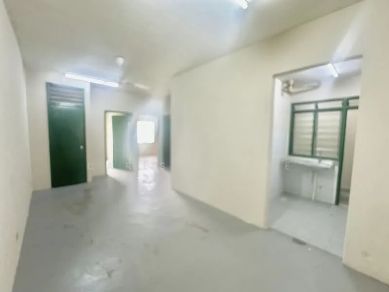 Room features: light grey flooring, white painted walls, ceiling with fluorescent lighting, window with green frame, door with green frame, partition wall, utility area with sink, ventilation window; style: minimalist.