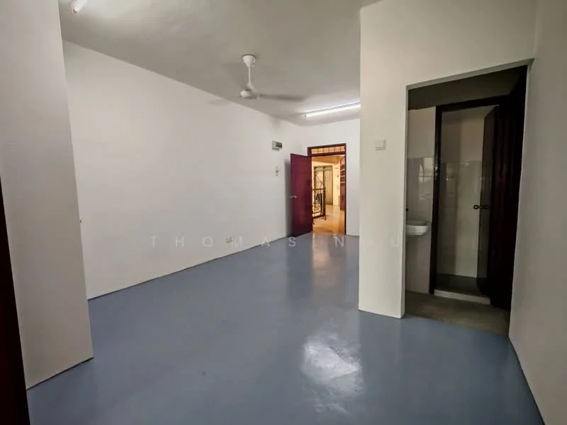 Room features: white painted walls, blue vinyl flooring, ceiling fan, doorway leading to another room, doorway leading to bathroom, light fixture on ceiling.