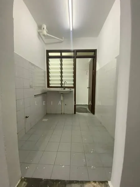 Laundry features: grey ceramic tile flooring, white tiled walls, single-bowl stainless-steel sink, window with horizontal slats, overhead plumbing, light fixture with fluorescent lights, door leading to another room, empty wall space for cabinetry.