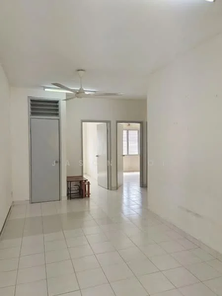 Room features: white painted walls, white tiled flooring, ceiling fan, multiple doorways, window with blinds, light fixture on ceiling, corner seating area, neutral color scheme; style: minimalist.