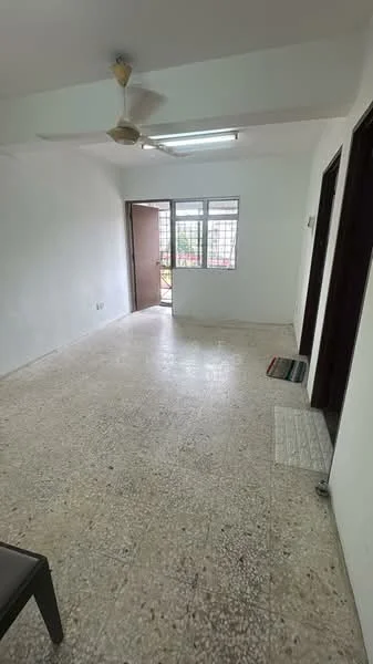 Room features: white painted walls, ceiling fan, fluorescent ceiling light, terrazzo flooring, door leading to outdoor area, window with grid pattern, two doorways leading to other rooms, doormat at entrance; style: minimalist; view: garden.