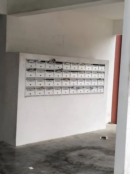 Exterior features: row of mailboxes, white painted wall, concrete flooring, overhead shelter, minimalist design; style: modern.