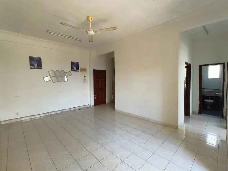 Living features: white painted walls, ceramic tile flooring, ceiling fan, mirror wall decor, two doorways leading to other rooms, natural light from windows, neutral color scheme, no visible furniture. Room features: white painted walls, ceramic tile flooring, doorway leading to bathroom, natural light from window.