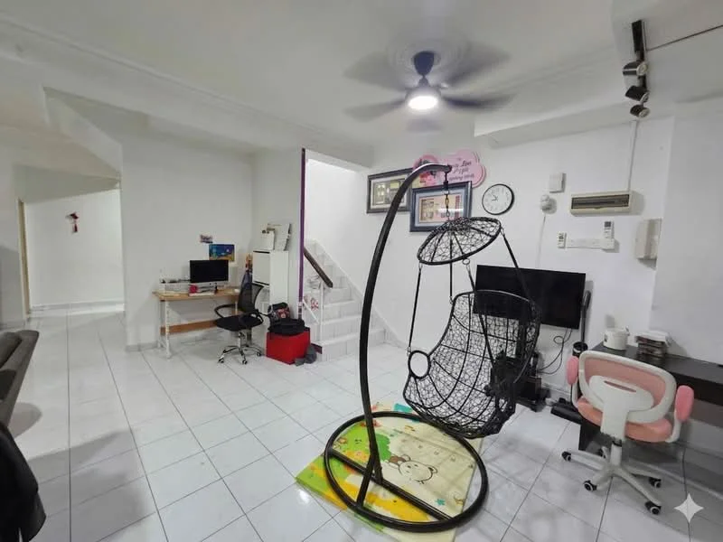 Living features: white painted walls, white tiled flooring, 5-blade ceiling fan with light, hanging rattan chair, wall-mounted TV, TV console, study desk with chair, computer workstation, air conditioning unit, decorative wall clock; style: modern. Room features: staircase, open layout.