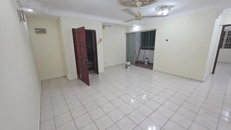 Room features: cream painted walls, white ceiling, tile flooring, ceiling fan, recessed downlights, sliding glass door, open space layout, doorway leading to staircase, window with view to exterior, paint bucket on floor; style: modern.
